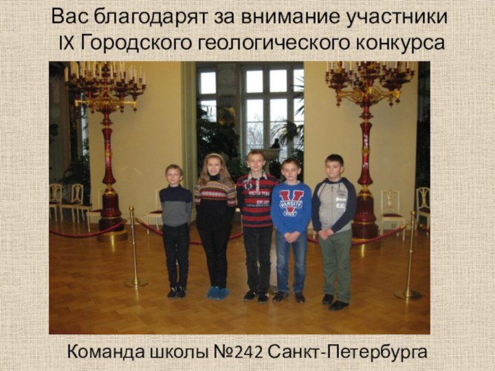 Вас благодарят за внимание участники IX Городского геологического конкурсаКоманда школы №242 Санкт-Петербурга