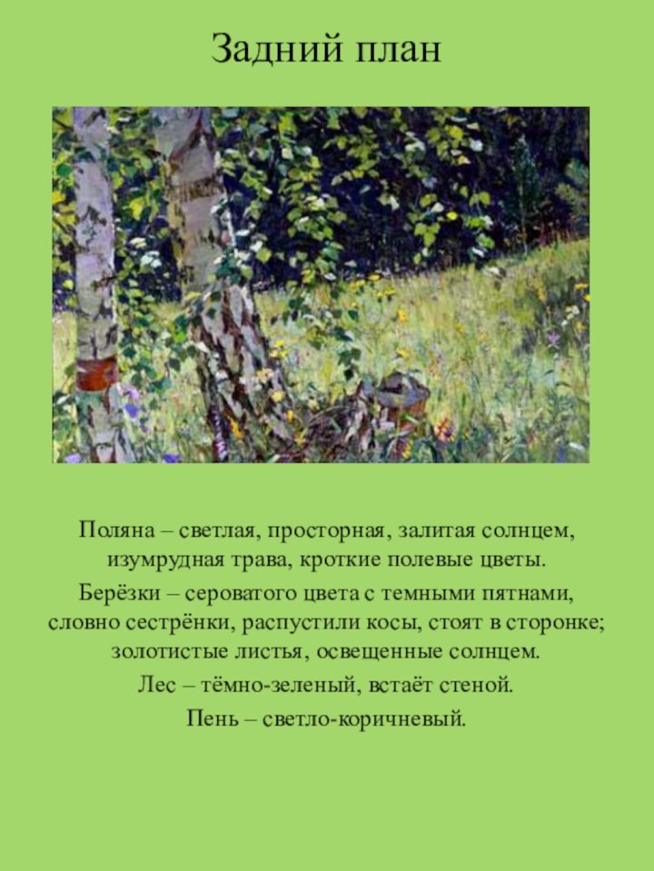 Задний планПоляна – светлая, просторная, залитая солнцем, изумрудная трава, кроткие полевые цветы.Берёзки