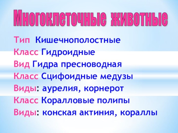 Тип КишечнополостныеКласс ГидроидныеВид Гидра пресноводнаяКласс Сцифоидные медузыВиды: аурелия, корнеротКласс Коралловые полипыВиды: конская актиния, кораллыМногоклеточные животные