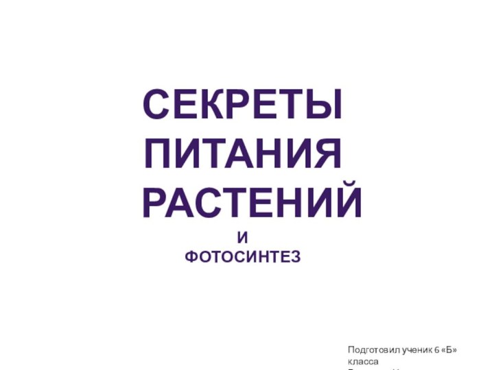 Секреты Питания растенийИфотосинтезПодготовил ученик 6 «Б» классаГроменко Никита