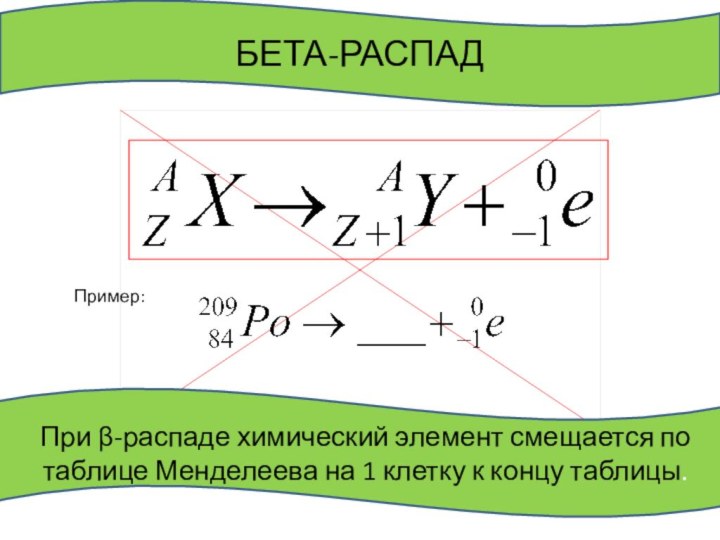 БЕТА-РАСПАДПример:При β-распаде химический элемент смещается по таблице Менделеева на 1 клетку к концу таблицы.