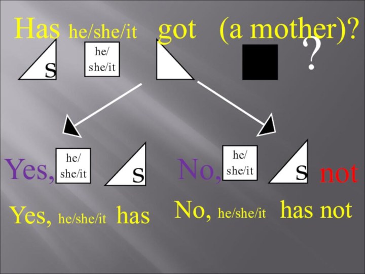 she/she/it?Yes,No,he/she/itshe/she/itsnot Yes, he/she/it has No, he/she/it  has notHas he/she/it  got  (a mother)?