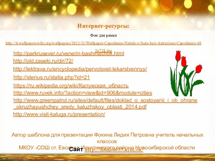 Интернет-ресурсы:Фон для рамки http://it.wallpaperswiki.org/wallpapers/2012/11/Wallpaper-Capodanno-Natale-e-festa-luci-Astrazione-Capodanno-485x728.jpg http://www.visit-kaluga.ru/presentation/http://parkrusever.ru/venerin-bashmachok.htmlhttp://old.zaseki.ru/dir/72/http://lektrava.ru/encyclopedia/pervotsvet-lekarstvennyy/http://stenus.ru/statia.php?id=21https://ru.wikipedia.org/wiki/Калужская_областьhttp://www.ruvek.info/?action=view&id=906&module=citieshttp://www.greenpatrol.ru/sites/default/files/doklad_o_sostoyanii_i_ob_ohrane_okruzhayushchey_sredy_kaluzhskoy_oblasti_2014.pdf