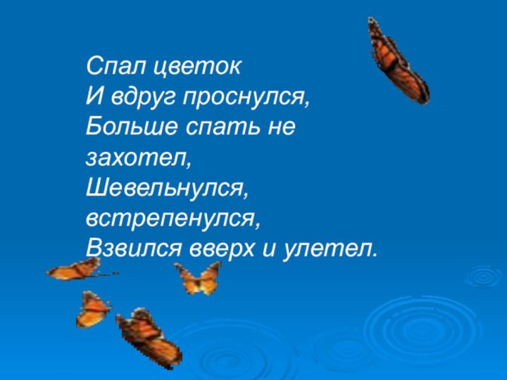 Спал цветокИ вдруг проснулся,Больше спать не захотел,Шевельнулся, встрепенулся,Взвился вверх и улетел.