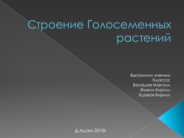 Строение Голосеменных растенийВыполнили ученики 7класса:Балашов МаксимЖижин КириллУшаков КириллД.Адам 2018г