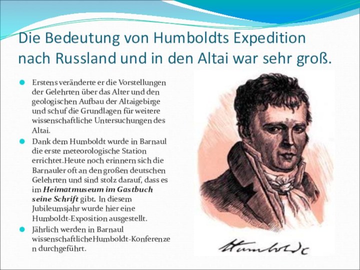 Die Bedeutung von Humboldts Expedition nach Russland und in den Altai war