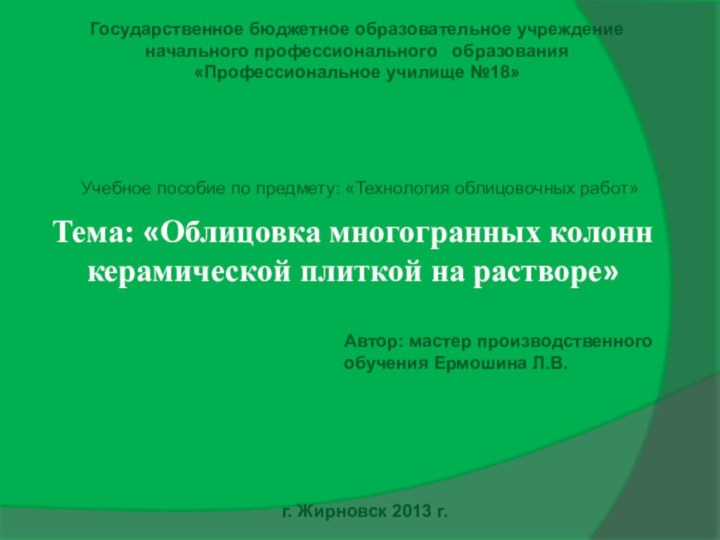 Государственное бюджетное образовательное учреждение начального профессионального  образования «Профессиональное училище №18»Учебное пособие