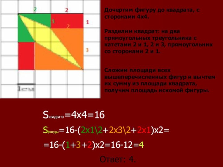 Sквадрата=4x4=16Sфигуры=16-(2x1\2+2x3\2+2x1)x2==16-(1+3+2)x2=16-12=4           Ответ: