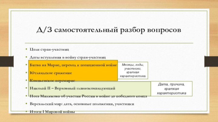 Д/З самостоятельный разбор вопросовЦели стран-участницДаты вступления в войну стран-участницБитва на Марне, переход