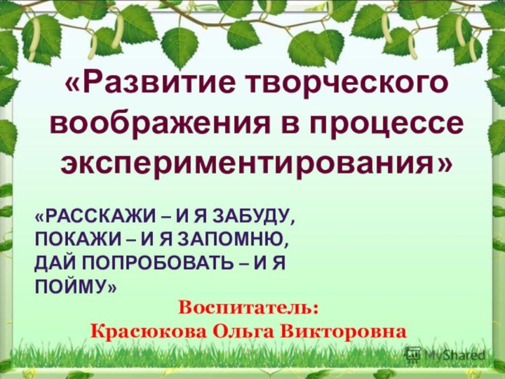 «Развитие творческого воображения в процессе экспериментирования»«Расскажи – и я забуду, покажи –