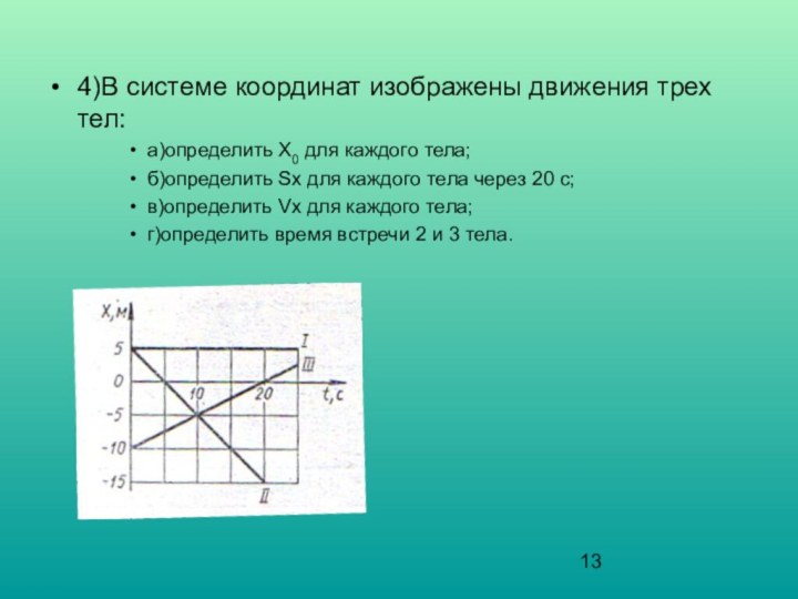 4)В системе координат изображены движения трех тел:а)определить Х0 для каждого тела;б)определить Sx