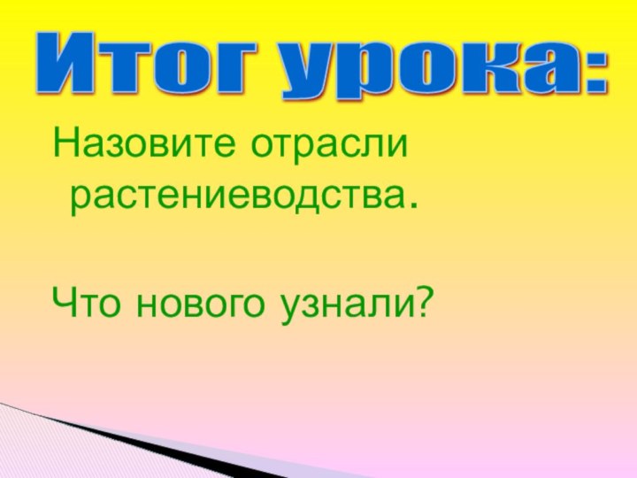 Назовите отрасли растениеводства.Что нового узнали?Итог урока: