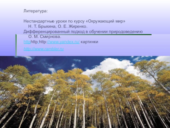 Литература:Нестандартные уроки по курсу «Окружающий мир»  Н. Т. Брыкина, О. Е.