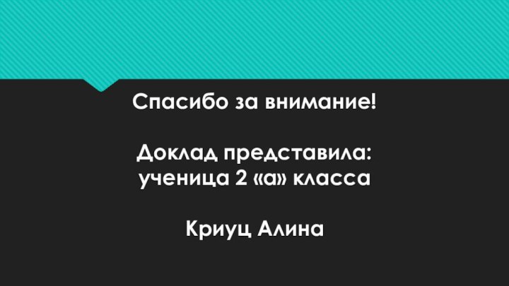 Спасибо за внимание!  Доклад представила:  ученица 2 «а» класса  Криуц Алина