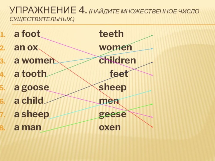 Упражнение 4. (найдите множественное число существительных.)a foot						teethan ox						womena women					childrena tooth						feeta goose					sheepa child						mena sheep					geesea man						oxen