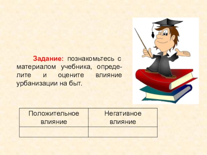 Задание: познакомьтесь с материалом учебника, опреде-лите и оцените влияние урбанизации на быт.