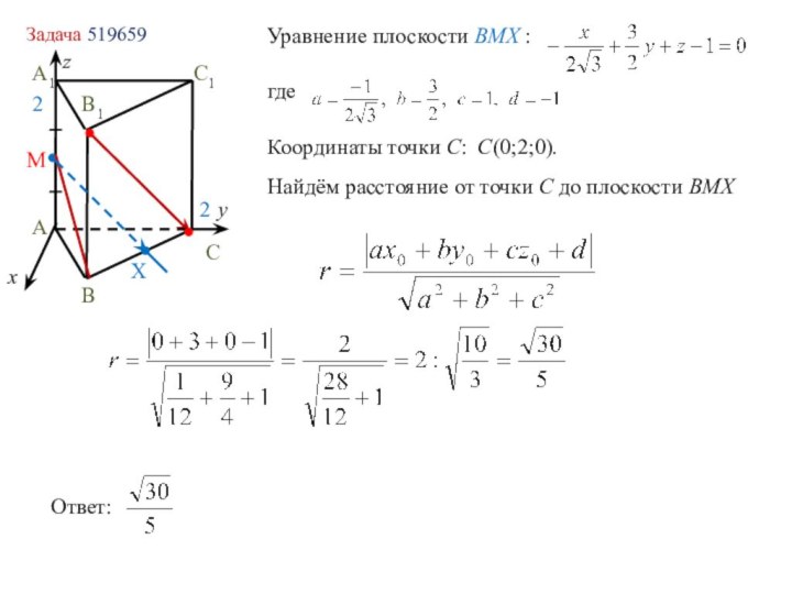 Задача 519659Уравнение плоскости ВМХ :где Координаты точки С: С(0;2;0).Найдём расстояние от точки