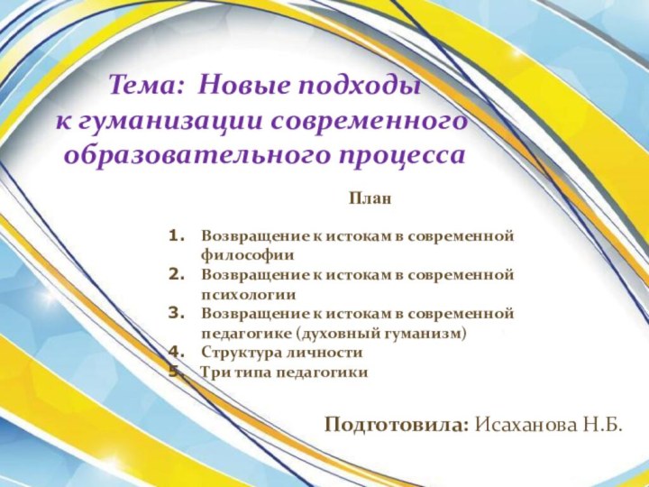 Подготовила: Исаханова Н.Б.План Тема: Новые подходы к гуманизации современного образовательного процессаВозвращение к