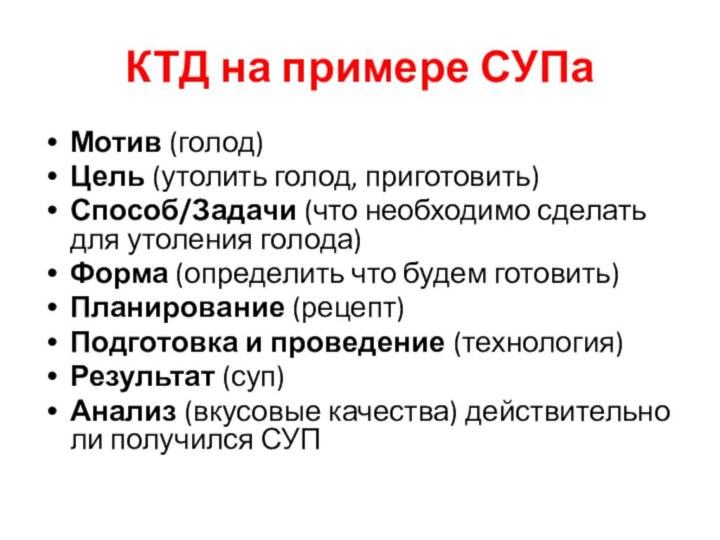 КТД на примере СУПаМотив (голод)Цель (утолить голод, приготовить)Способ/Задачи (что необходимо сделать для