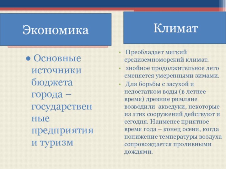 ЭконикаКлимат Основные источники бюджета города – государственные предприятия и туризм Преобладает мягкий