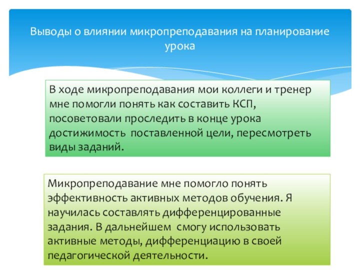 Выводы о влиянии микропреподавания на планирование урокаМикропреподавание мне помогло понять эффективность активных