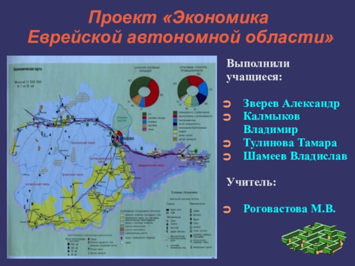 Проект «Экономика  Еврейской автономной области»Выполнили учащиеся: Зверев АлександрКалмыков ВладимирТулинова ТамараШамеев ВладиславУчитель:Роговастова М.В.