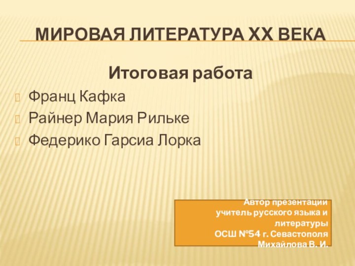 Мировая литература XX векаИтоговая работаФранц КафкаРайнер Мария РилькеФедерико Гарсиа ЛоркаАвтор презентацииучитель русского