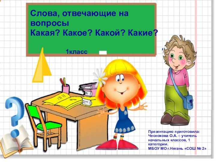 Слова, отвечающие на вопросы Какая? Какое? Какой? Какие?Презентацию приготовила:Чеснокова О.А. – учитель