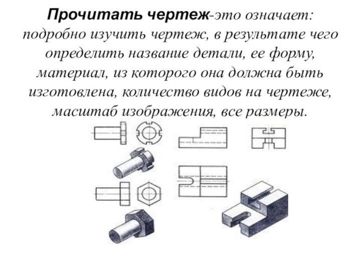 Прочитать чертеж-это означает:подробно изучить чертеж, в результате чего определить название детали, ее