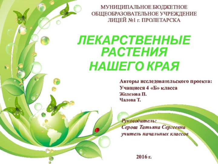 МУНИЦИПАЛЬНОЕ БЮДЖЕТНОЕ ОБЩЕОБРАЗОВАТЕЛЬНОЕ УЧРЕЖДЕНИЕ  ЛИЦЕЙ №1 г. ПРОЛЕТАРСКА ЛЕКАРСТВЕННЫЕ РАСТЕНИЯ НАШЕГО