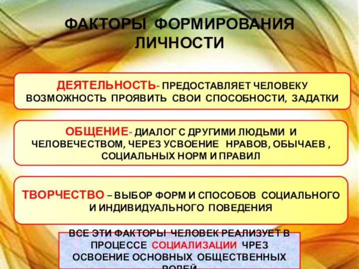 ФАКТОРЫ ФОРМИРОВАНИЯ ЛИЧНОСТИДЕЯТЕЛЬНОСТЬ- ПРЕДОСТАВЛЯЕТ ЧЕЛОВЕКУ ВОЗМОЖНОСТЬ ПРОЯВИТЬ СВОИ СПОСОБНОСТИ, ЗАДАТКИОБЩЕНИЕ- ДИАЛОГ С