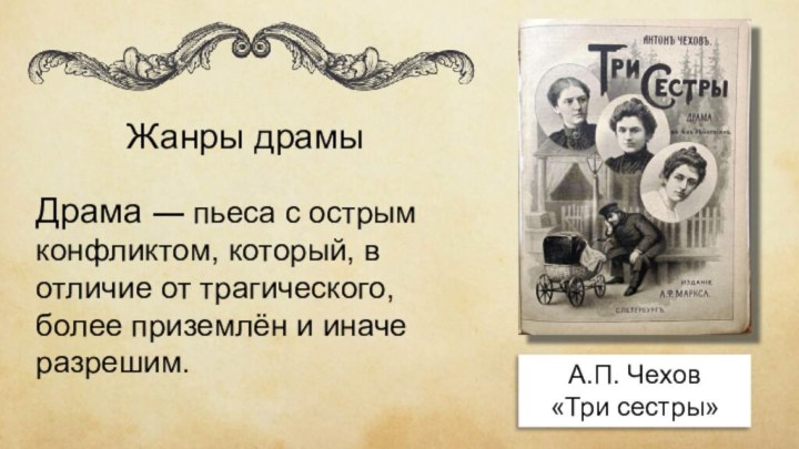 Жанры драмы Драма — пьеса с острым конфликтом, который, в отличие от трагического,