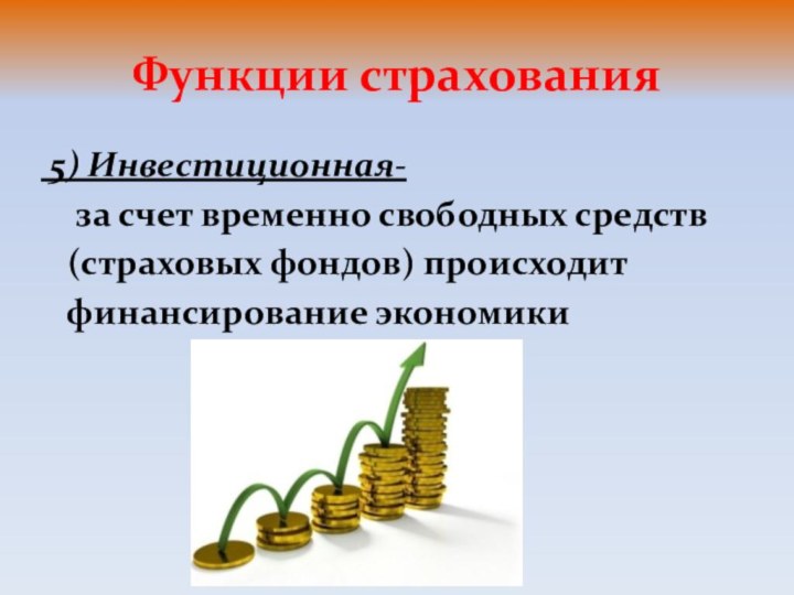 Функции страхования  5) Инвестиционная-    за счет временно свободных