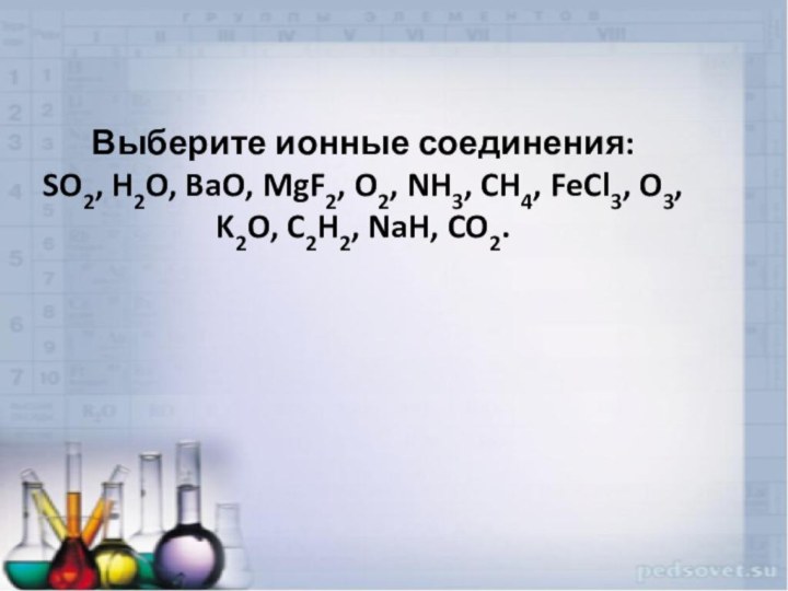 Выберите ионные соединения:SO2, H2O, BaO, MgF2, O2, NH3, CH4, FeCl3, O3, K2O, C2H2, NaH, CO2.