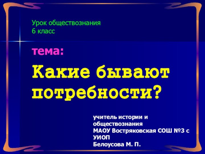 Урок обществознания 6 класстема:Какие бывают потребности? учитель истории и обществознанияМАОУ Востряковская СОШ