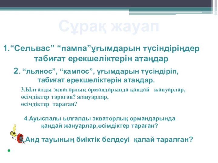 .  Сұрақ жауап1.“Сельвас” “пампа”ұғымдарын түсіндіріңдер табиғат ерекшеліктерін атаңдар 5.Анд тауының биіктік