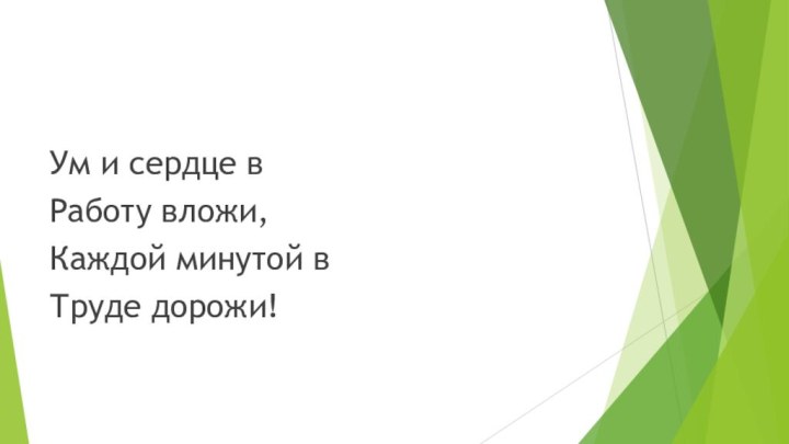 Ум и сердце вРаботу вложи,Каждой минутой вТруде дорожи!