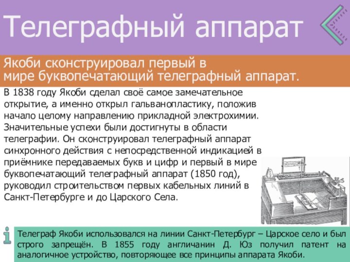 Телеграфный аппаратТелеграф Якоби использовался на линии Санкт-Петербург – Царское село и был