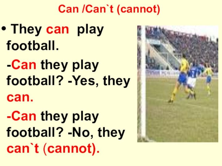 Can /Can`t (cannot)  They can play football.-Can they play football? -Yes,