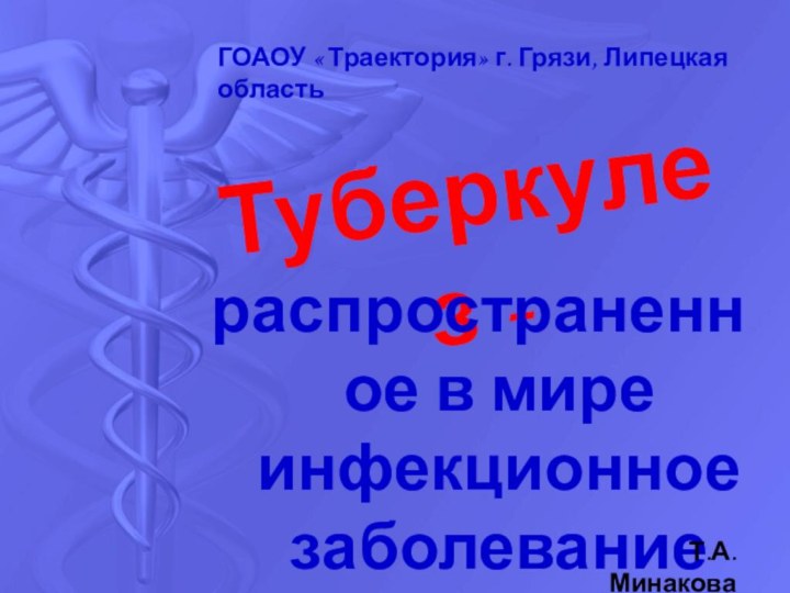 Туберкулез - распространенное в мире инфекционное заболеваниеГОАОУ « Траектория» г. Грязи, Липецкая областьТ.А.Минакова