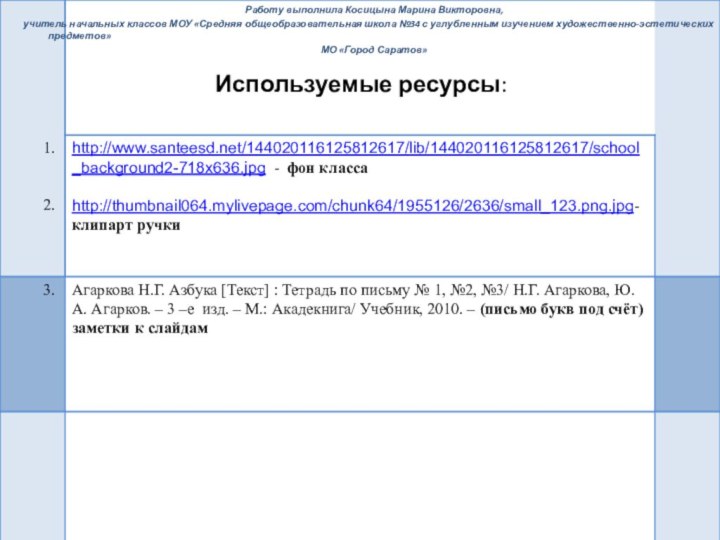 Работу выполнила Косицына Марина Викторовна, учитель начальных классов МОУ «Средняя общеобразовательная школа