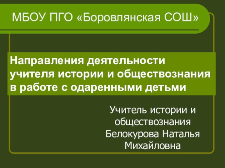 МБОУ ПГО «Боровлянская СОШ»Учитель истории и обществознания Белокурова Наталья МихайловнаНаправления деятельности учителя