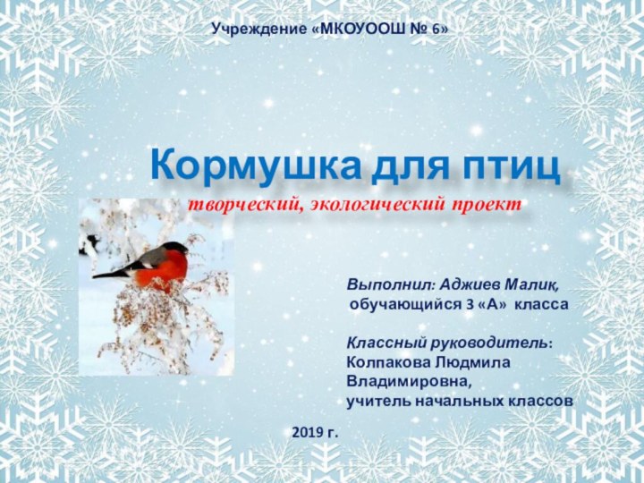 Кормушка для птицтворческий, экологический проектУчреждение «МКОУООШ № 6» Выполнил: Аджиев Малик,