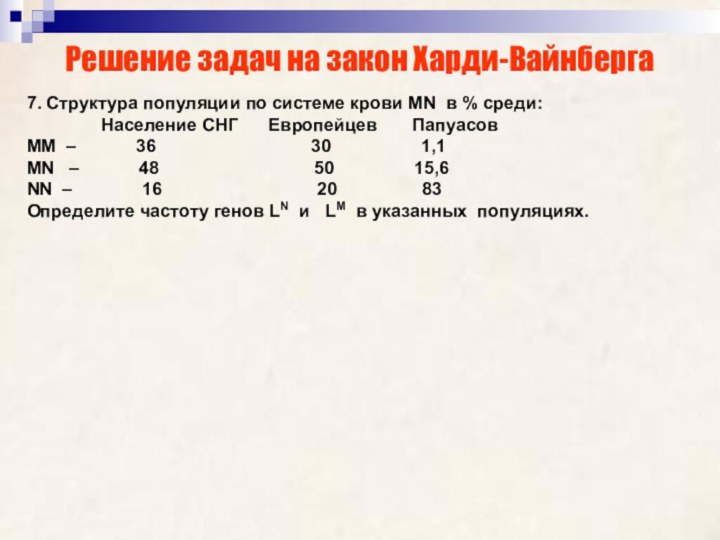 Решение задач на закон Харди-Вайнберга7. Структура популяции по системе крови МN в