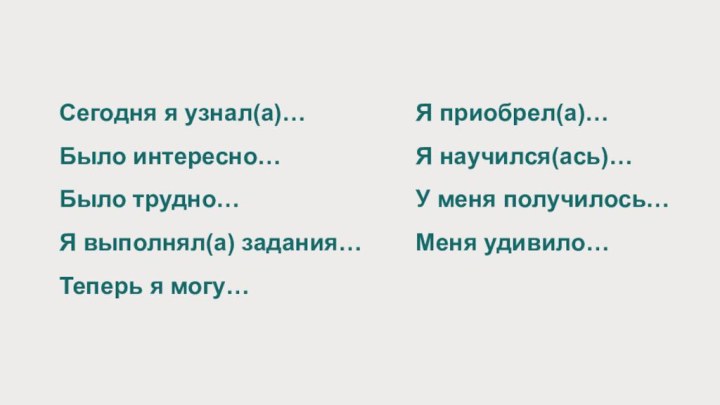 Сегодня я узнал(а)…Было интересно… Было трудно…Я выполнял(а) задания… Теперь я могу…Я приобрел(а)…Я научился(ась)…У меня получилось…Меня удивило…