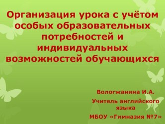 Презентация Организация урока с учётом особых образовательных потребностей и индивидуальных возможностей обучающихся.