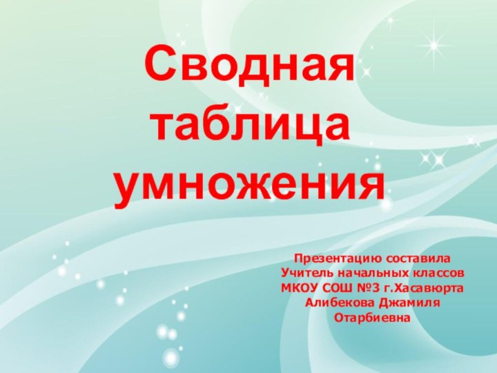 Сводная таблица умноженияПрезентацию составила Учитель начальных классов МКОУ СОШ №3 г.ХасавюртаАлибекова Джамиля Отарбиевна