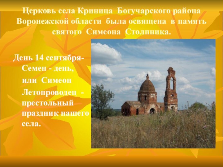 Церковь села Криница Богучарского района Воронежской области была освящена в память святого