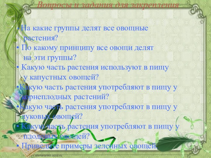 Вопросы и задания для закрепления На какие группы делят все овощные