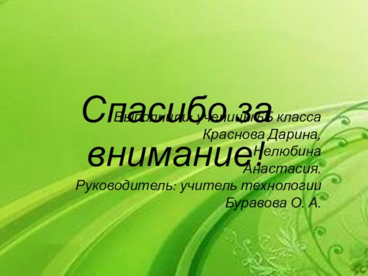 Спасибо за внимание! Выполнили: ученицы 6Б класса Краснова Дарина,